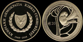 CYPRUS: 20 Euro (2010) in gold (0,917) commemorating the 50th Anniversary of the Republic of Cyprus with national arms. Bird in stylized tree on rever...