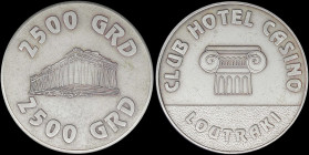 GREECE: Nickel-plated token used at the Casino in Loutraki. The value "2500 GDR" above and below Parthenon of Athens on one side and the legend "CLUB ...