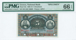 GREECE: Specimen of 5 Drachmas (28.11.1915) in black on blue and brown unpt with portrait of G Stavros at left and arms of King George I at right. Two...
