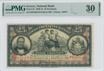 GREECE: 25 Drachmas (1.8.1917) in black on red and blue unpt with portrait of G Stavros at left, arms of King George I at right and personification of...