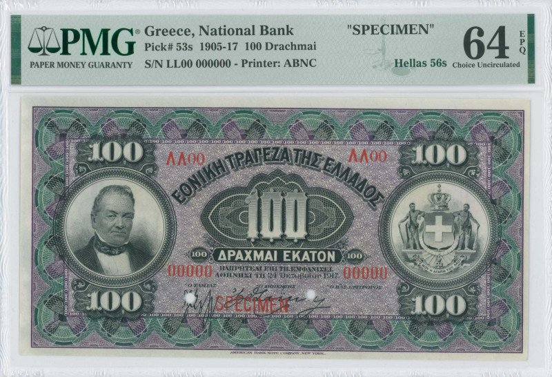 GREECE: Specimen of 100 Drachmas (24.10.1917) in black on purple and green unpt ...