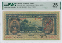 GREECE: 100 Drachmas (1922 NEON issue / old date 8.2.1922) in blue on light green green and red-orange unpt with portrait of G Stavros at left, arms o...