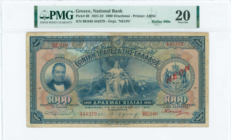 GREECE: 1000 Drachmas (1922 NEON issue / old date 14.10.1921) in blue on multico...