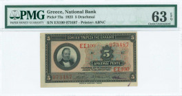 GREECE: 5 Drachmas (28.4.1923) in black on green and multicolor unpt with portrait of G Stavros at left. S/N: "ΕΣ100 073487". Rubber-stamp signature b...