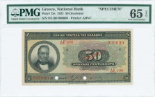 GREECE: Specimen of 50 Drachmas (12.3.1923) in black on multicolor unpt with portrait of G Stavros at left. S/N: "ΔΕ100 000000". Red ovpt "SPECIMEN" o...