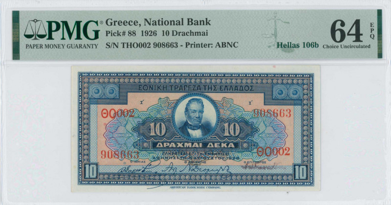 GREECE: 10 Drachmas (5.8.1926) in blue on yellow and orange unpt with portrait o...