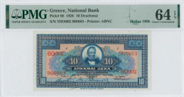 GREECE: 10 Drachmas (5.8.1926) in blue on yellow and orange unpt with portrait of G Stavros at center. S/N: "ΘΟ002 908663". Rubber-stamp signature by ...