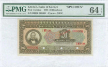 GREECE: Specimen of 20 Drachmas (5.11.1926) in brown on multicolor unpt with portrait of G Stavros at left. Never issued, only as provisional issue. D...