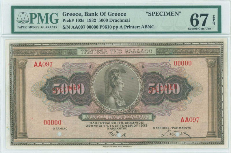 GREECE: Specimen of 5000 Drachmas (1.9.1932) in brown on multicolor with Goddess...