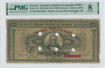 GREECE: 1000 Drachmas (15.10.1926) of 1941 Emergency re-issue cancelled banknote with black box-cachet "ΤΡΑΠΕΖΑ ΤΗΣ ΕΛΛΑΔΟΣ ΕΝ ΒΟΛΩ" (Very Common) on ...