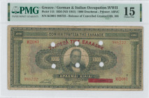 GREECE: 1000 Drachmas (15.10.1926) of 1941 Emergency re-issue cancelled banknote with black box-cachet "ΤΡΑΠΕΖΑ ΤΗΣ ΕΛΛΑΔΟΣ ΕΝ ΚΑΒΑΛΛΑ 1939" (Very Com...