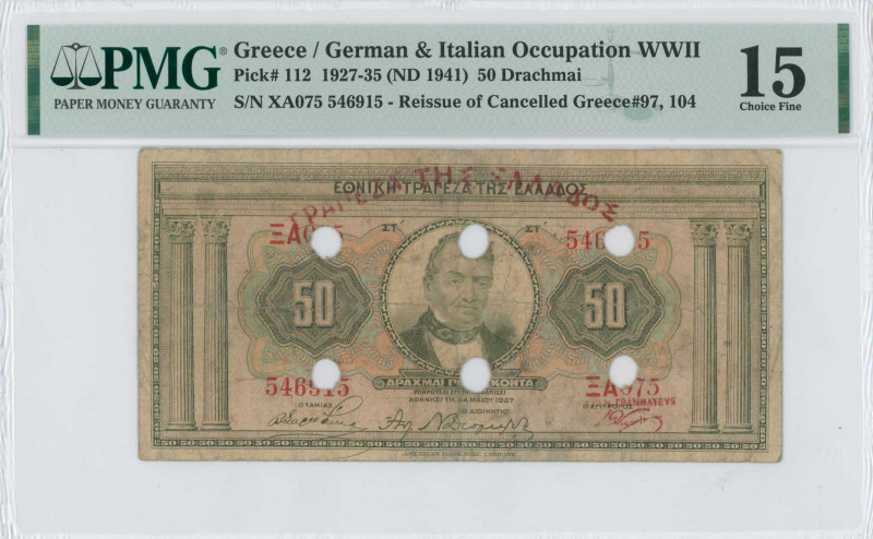 GREECE: 50 Drachmas (24.5.1927) of 1941 Emergency re-issue cancelled banknote wi...