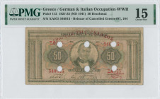 GREECE: 50 Drachmas (24.5.1927) of 1941 Emergency re-issue cancelled banknote with black box-cachet "ΤΡΑΠΕΖΑ ΤΗΣ ΕΛΛΑΔΟΣ ΕΝ ΥΠΟΚ/ΜΑ ΚΕΡΚΥΡΑΣ" (Very Co...