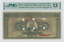 GREECE: 1000 Drachmas (15.10.1926) of 1941 Emergency re-issue cancelled banknote with two black box-cachets "ΤΡΑΠΕΖΑ ΤΗΣ ΕΛΛΑΔΟΣ ΕΝ ΜΕΣΣΟΛΟΓΓΙΩ 1938" ...