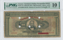 GREECE: 1000 Drachmas (15.10.1926) of 1941 Emergency re-issue cancelled banknote with black box-cachet "ΤΡΑΠΕΖΑ ΤΗΣ ΕΛΛΑΔΟΣ ΕΝ ΦΛΩΡΙΝΗ" (Scarce) on ba...