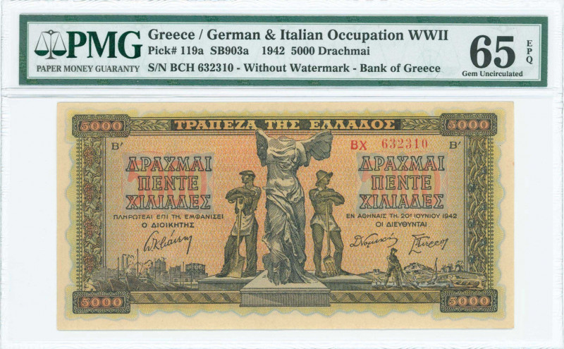 GREECE: 5000 Drachmas (20.6.1942) in black on orange, blue and green unpt with s...