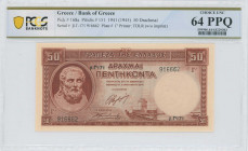 GREECE: 50 Drachmas (ND 1945 / old date 1.1.1945) in red with Hesiod at left. S/N: "β.Γ-171 916662". WMK: Goddess Athena. Printed by (TDLR). Inside ho...