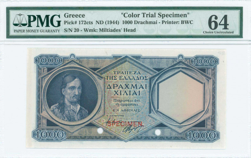 GREECE: Color trial specimen of 1000 Drachmas (ND 1944) in dark blue on multicol...