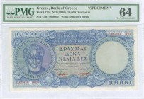 GREECE: Specimen of 10000 Drachmas (ND 1946) in blue on multicolor unpt with Aristotle at left. S/N: "Γ.01- 000000". Two red ovpts "SPECIMEN" on signa...