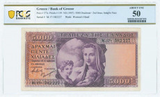 GREECE: 5000 Drachmas (ND 1947) in purple on multicolor unpt with personification of Motherhood at center. S/N: "M.17- 582227". WMK: God Apollo. Print...
