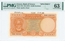 GREECE: Printers specimen of 10000 Drachmas (ND 1947) in orange on multicolor unpt with Aristotle at left. Range S/N: "P.03 500001 - P.05 1000000". Li...