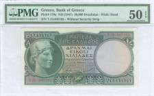 GREECE: 20000 Drachmas (ND 1947) in green with Athena at left. S/N: "Τ.15- 945182". Variety: Without security strip. WMK: God Apollo. Printed by (BWC)...