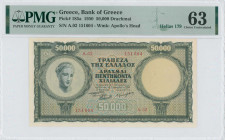 GREECE: 50000 Drachmas (1.12.1950) in deep green and green on orange and blue unpt with personification of Health at left. S/N: "A.02 151604". WMK: Go...