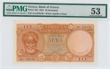 GREECE: 10 Drachmas (15.1.1954) in orange with Aristotle at left. S/N: "αα- 248156". WMK: God Apollo. Printed by the Bank of Greece. Inside holder by ...