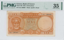 GREECE: 10 Drachmas (15.1.1954) in orange with Aristotle at left. S/N: "αγ- 196067". WMK: God Apollo. Printed by the Bank of Greece. Inside holder by ...