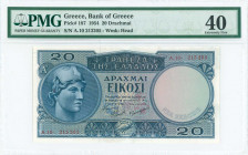 GREECE: 20 Drachmas (15.1.1954) in blue on multicolor with Athena at left. S/N: "A.10- 213205". WMK: God Apollo. Printed by the Bank of Greece. Inside...