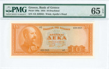 GREECE: 10 Drachmas (15.5.1954) in orange on light blue unpt with King George I at left. S/N: "αξ 420363". WMK: God Apollo. Printed by the Bank of Gre...
