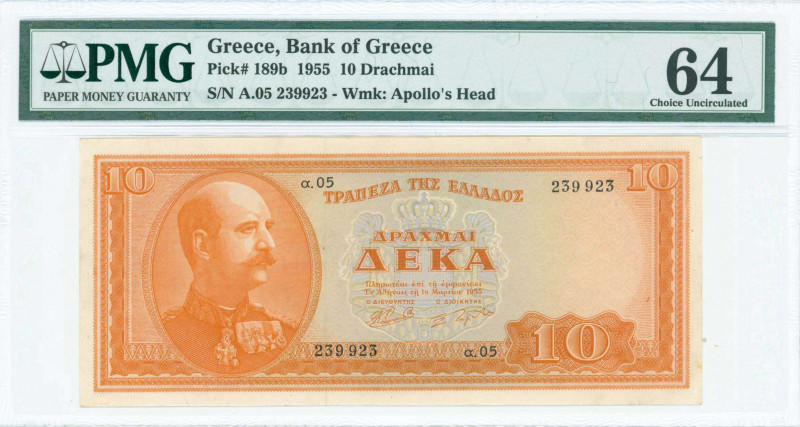 GREECE: 10 Drachmas (1.3.1955) in orange on light blue unpt with King George I a...