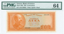 GREECE: 10 Drachmas (1.3.1955) in orange on light blue unpt with King George I at left. S/N: "α.05 239923". WMK: God Apollo. Printed by the Bank of Gr...