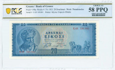 GREECE: 20 Drachmas (1.3.1955) in blue on light green and light orange with Demokritos at left. S/N: "E.05 591841". WMK: God Apollo. Printed by the Ba...