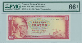 GREECE: 100 Drachmas (1.7.1955) in red on yellow and green unpt with Themistocles at left. S/N: "Π.10 691470". WMK: General Miltiades. Printed by the ...
