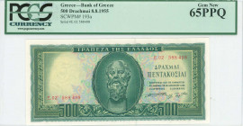 GREECE: 500 Drachmas (8.8.1955) in light green on light blue, light orange and light green unpt with Socrates at center. S/N: "E.02 588498". WMK: Gene...