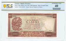 GREECE: 1000 Drachmas (16.4.1956) in deep brown on ochre, blue and red unpt with portrait of Alexander the Great at left. S/N: "H.06 224059". WMK: Aph...