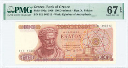 GREECE: 100 Drachmas (1.7.1966) in red and dark red on multicolor unpt with Demokritos at left. S/N: "01E 165313". Signature by Zolotas. WMK: The yout...