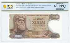 GREECE: 1000 Drachmas (1.11.1970) in brown on multicolor unpt with Zeus at left. S/N: "01Δ 735295". WMK: Aphrodite of Knidus. Printed by the Bank of G...