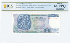 GREECE: 50 Drachmas (8.12.1978) in blue on multicolor unpt with God Poseidon at left. S/N: "01T 340241". WMK: The Charioteer from Delphi. Printed by t...