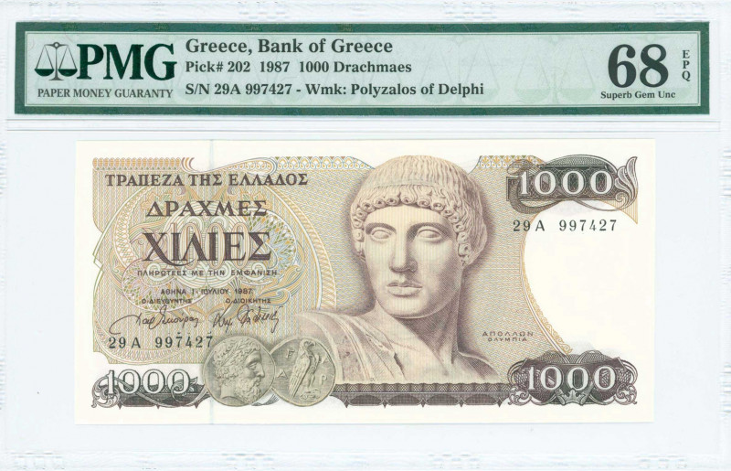 GREECE: 1000 Drachmas (1.7.1987) in dark brown on multicolor unpt with Apollo at...