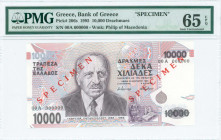 GREECE: Specimen of 10000 Drachmas (16.1.1995) in purple and violet on multicolor unpt with Dr Georgios Papanikolaou at left center. Two red ovpts "SP...