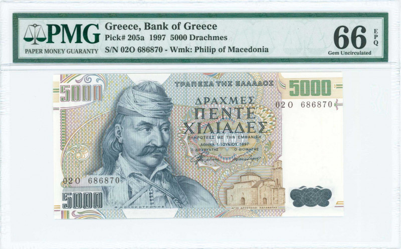 GREECE: 5000 Drachmas (1.6.1997) in dark blue on multicolor unpt with Theodoros ...