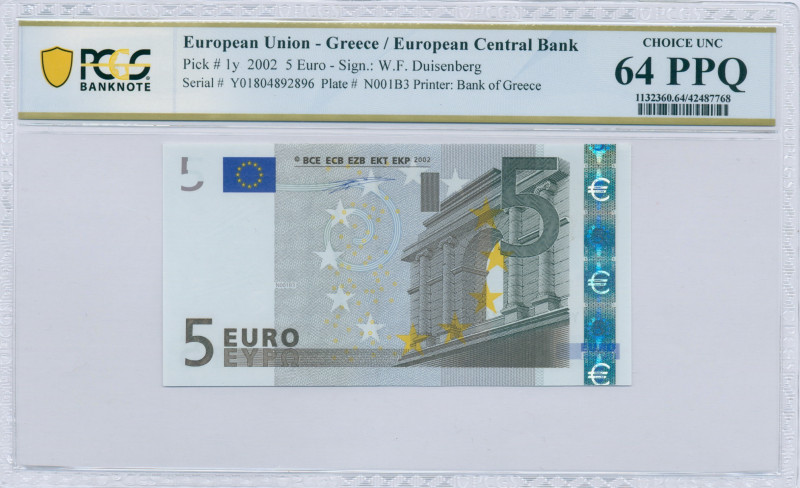 GREECE: 5 Euro (2002) in gray and multicolor with gate in classical architecture...