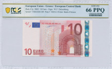 GREECE: 10 Euro (2002) in red and multicolor with gate in romanesque period. S/N: "Y00420281389". Printing press and plate "N001G1". Signature by Duis...