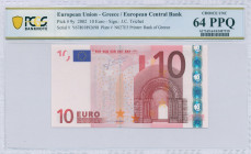 GREECE: 10 Euro (2002) in red and multicolor with gate in romanesque period. S/N: "Y67801892698". Printing press and plate "N027E5". Signature by Tric...