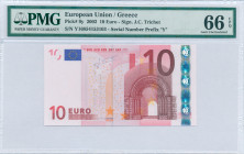 GREECE: 10 Euro (2002) in red and multicolor with gate in romanesque period. S/N: "Y16854153103". Printing press and plate "N030F4". Signature by Tric...