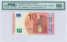 GREECE: 10 Euro (2014) in red and multicolor with gate in romanesque period. S/N: "YA5696538119". Printing press and plate "Y008A5". Signature by Drag...
