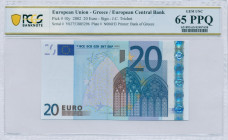 GREECE: 20 Euro (2002) in blue and multicolor with gate in gothic architecture. S/N: "Y02753885296". Printing press and plate "N006H3". Signature by T...