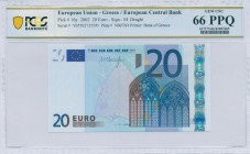 GREECE: 20 Euro (2002) in blue and multicolor with gate in gothic architecture. S/N: "Y05502735595". Printing press and plate "N007H4". Signature by D...